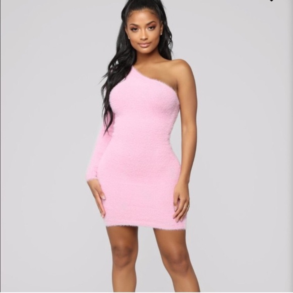 One sleeve pink fuzzy dress